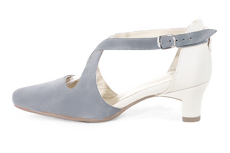 Mouse grey and off white women's open side shoes, with crossed straps.. Profile view - Florence KOOIJMAN
